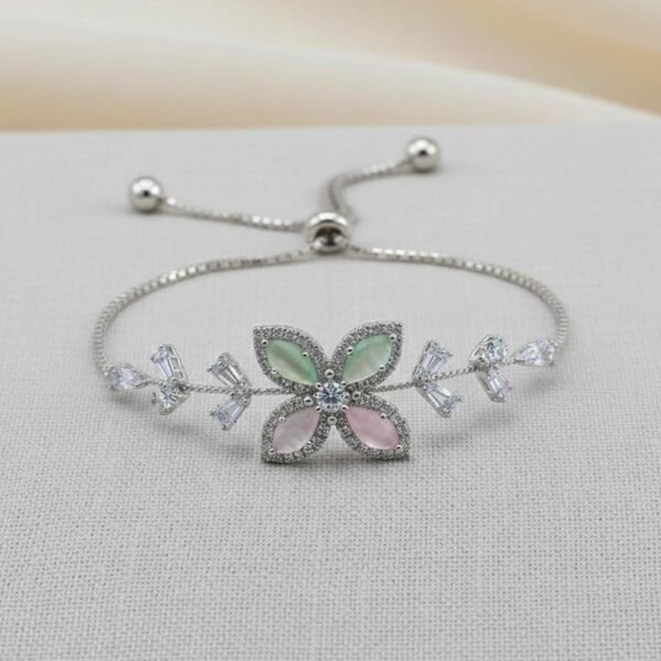 Floral Silver Crystal Adjustable Bolo Bracelet