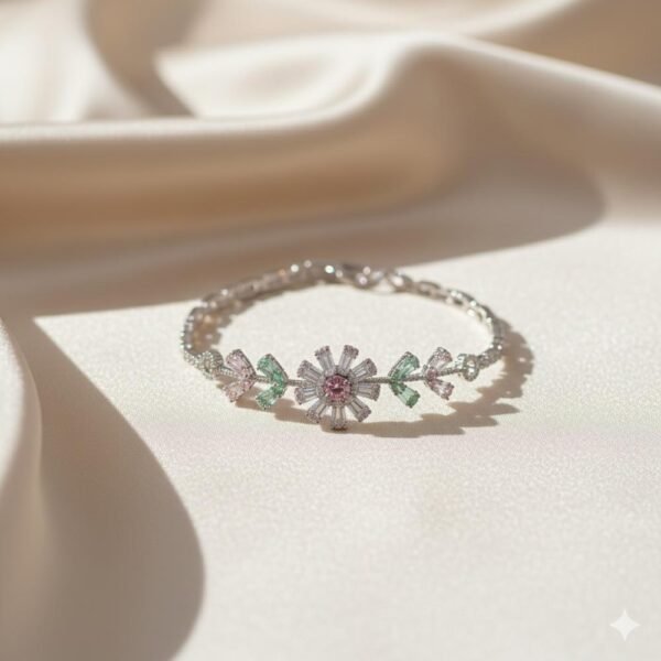 Elegant Floral Crystal Silver Chain Bracelet