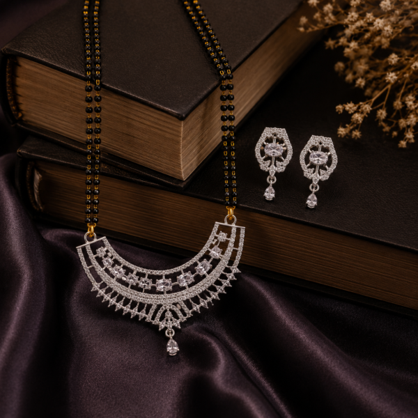 Stylish AD Stone Black Beads Mangalsutra with Earrings